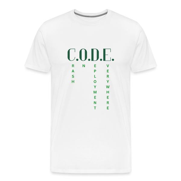 C.O.D.E. – Crash On Deployment Everywhere – IT T-Shirt für Devs mit Humor - Weiß