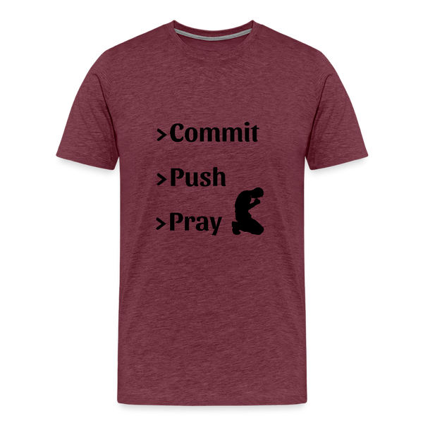 Commit > Push > Pray – IT T-Shirt für Devs mit Git-Erfahrung - Bordeauxrot meliert