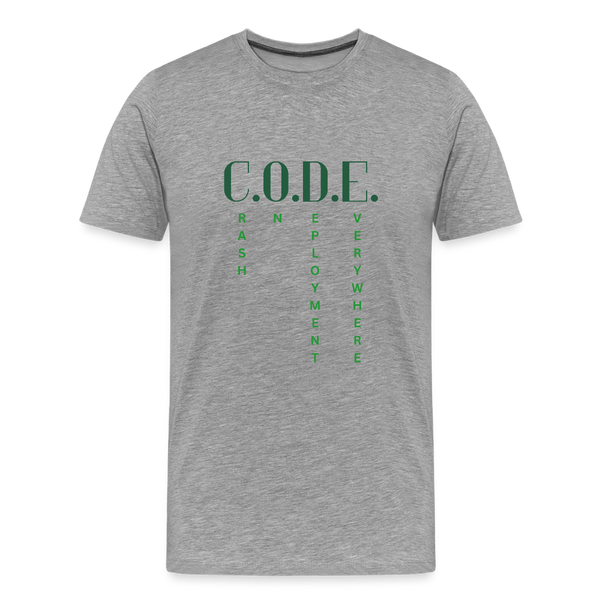 C.O.D.E. – Crash On Deployment Everywhere – IT T-Shirt für Devs mit Humor - Grau meliert